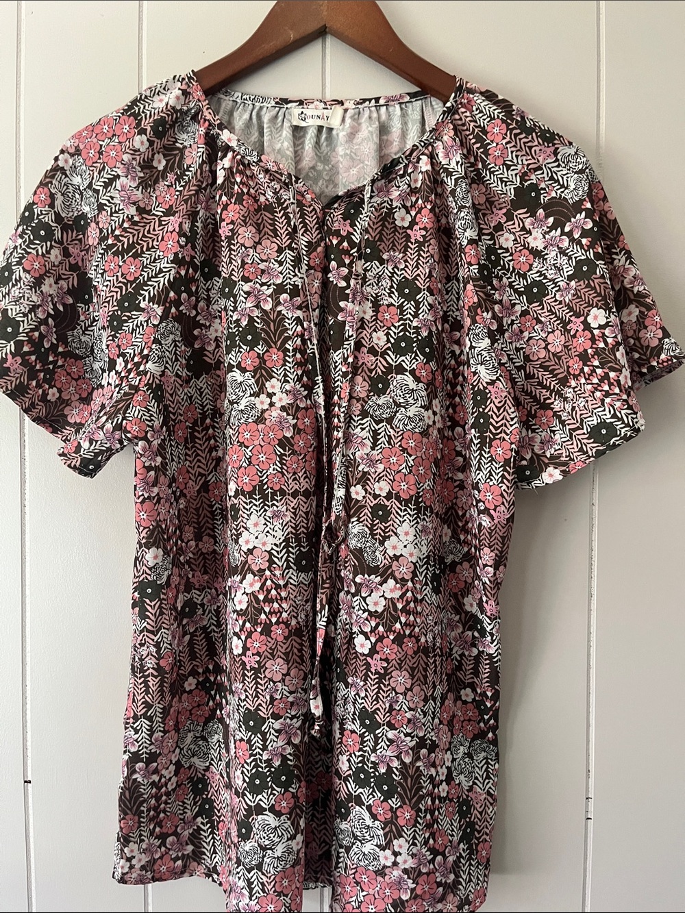 Naya Pink and Black Floral Peasant Top